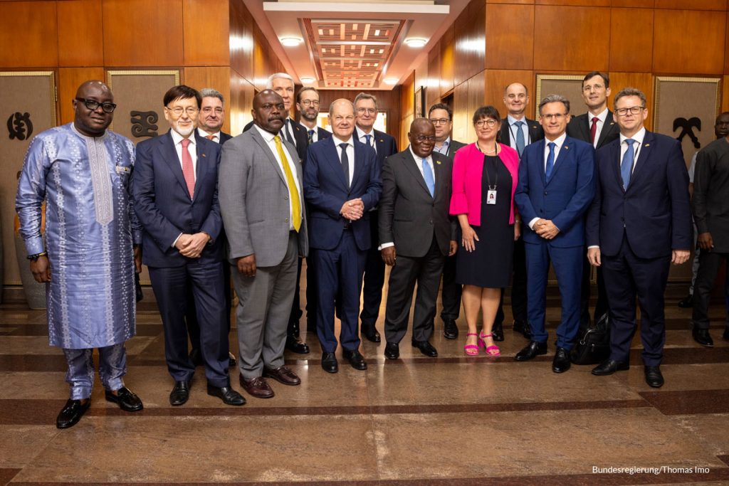 German Chancellor Olaf Scholz and President of Ghana Akufo-Addo together with the business delegation at Jubilee House in Accra